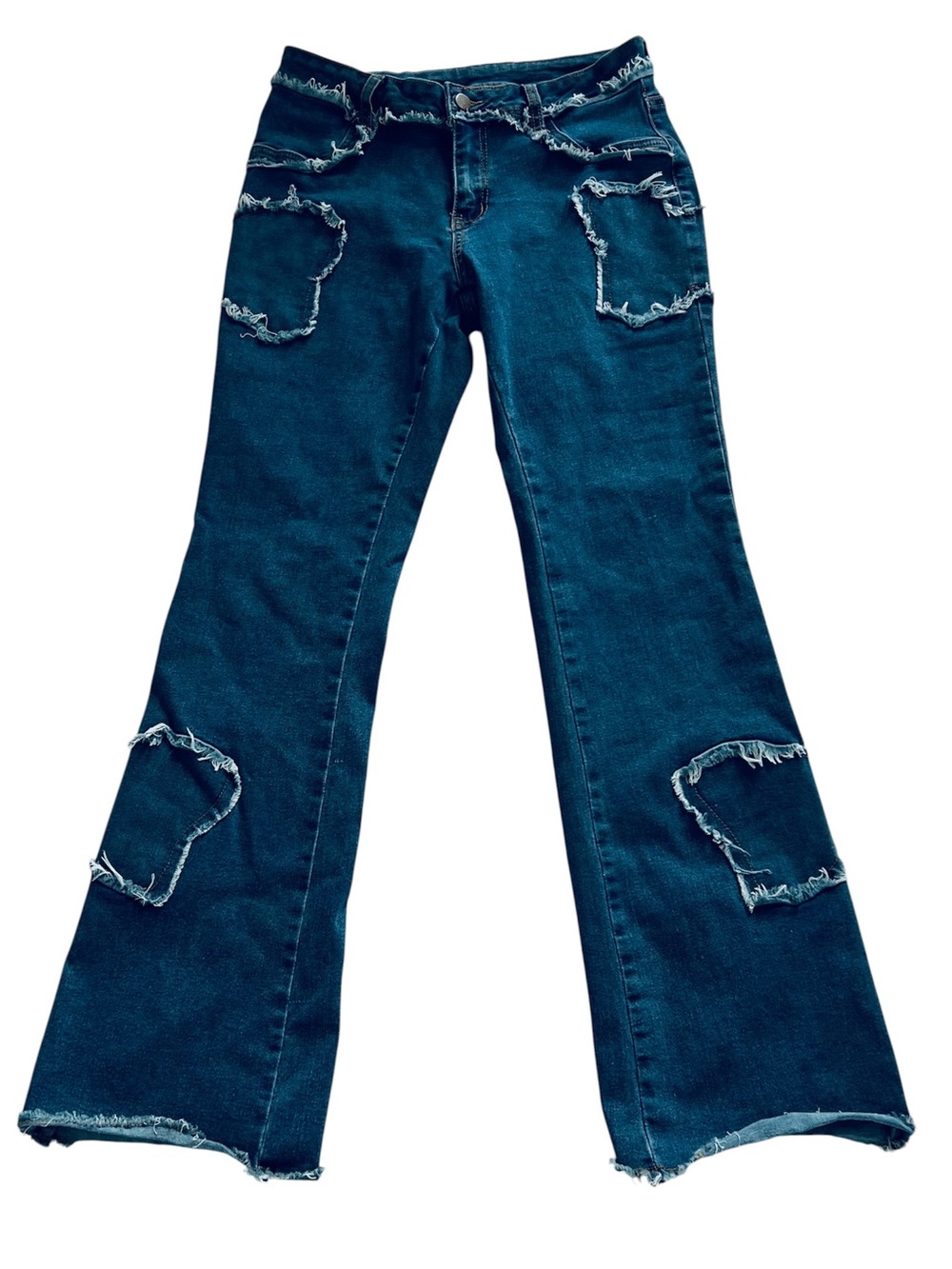 SHEIN Jeans Women 30 X 31 Blue Wash Patch’s Bell Bottoms High Rise Stretch Denim